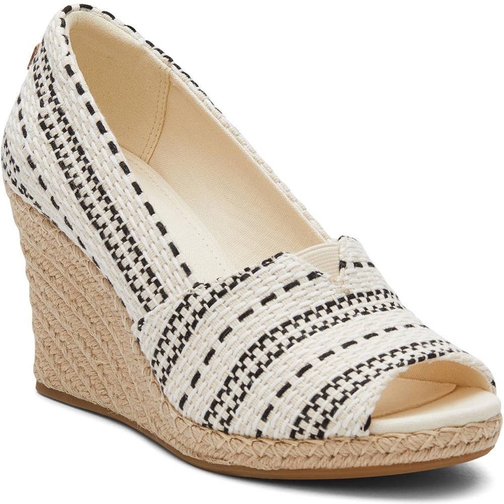 Toms Womens Michelle Espadrille Creme & Black Wedge Sandals Sz 9 Woven Pattern